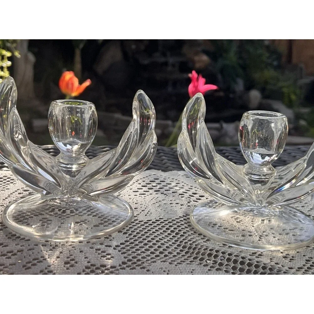 1960s Vintage Glass Lotus Candle Holders Pair Mid Century  Wheat Sheaf/winged